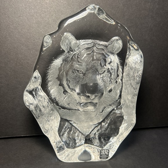 Rare Mats Jonasson Sweden‎ Full Lead Crystal Tiger Head SIGNED Sculpture Sweden
